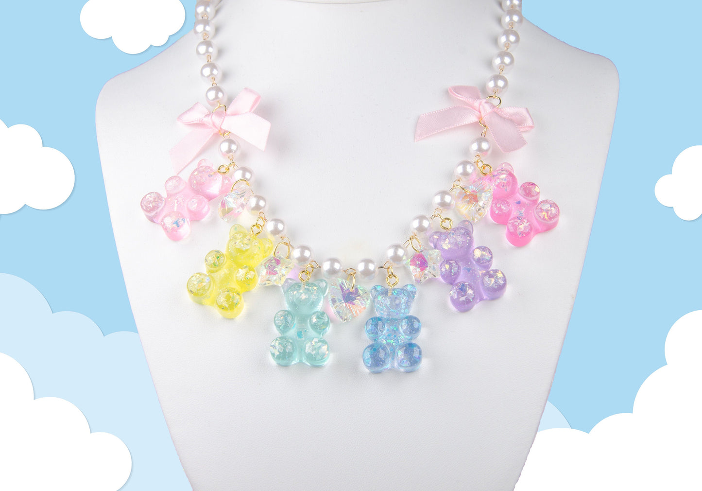 Rainbow pastel gummy glitter bear heart star cystal statment necklace, Charm necklace , Friendship Gift, Rainbow Necklace